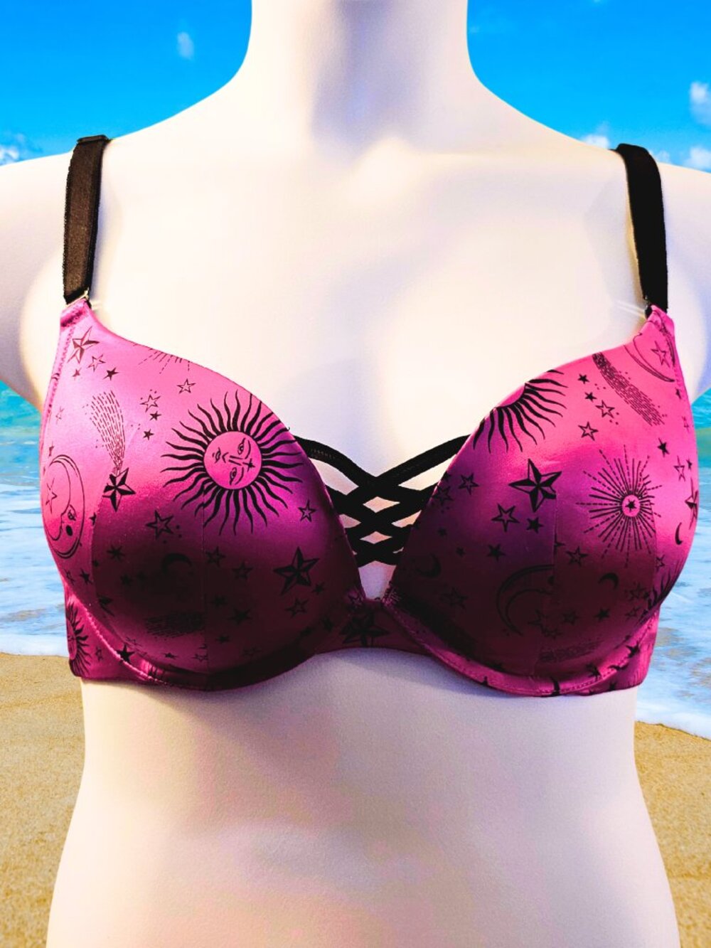 Torrid 38C Pink Celestial Push-Up Underwire Bra Sun Moon Stars Strappy